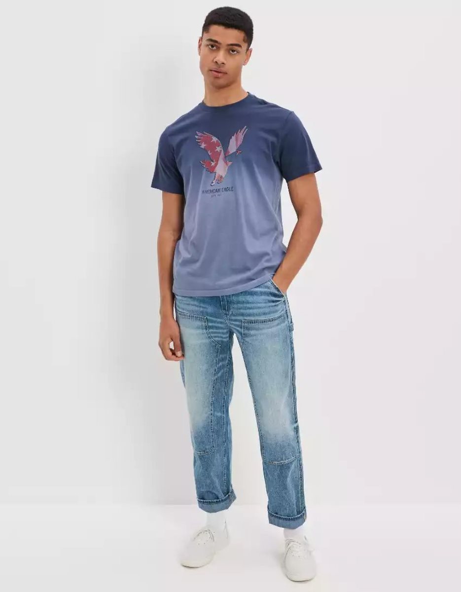 T Shirt Graphique American Eagle AE Super Soft Dip-Dye Logo Bleu Homme | NXM-73741476